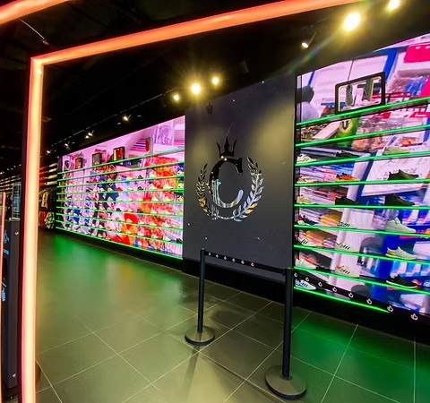 LED video wall installation inside Culture Kings Auckland store showcasing footwear displays.